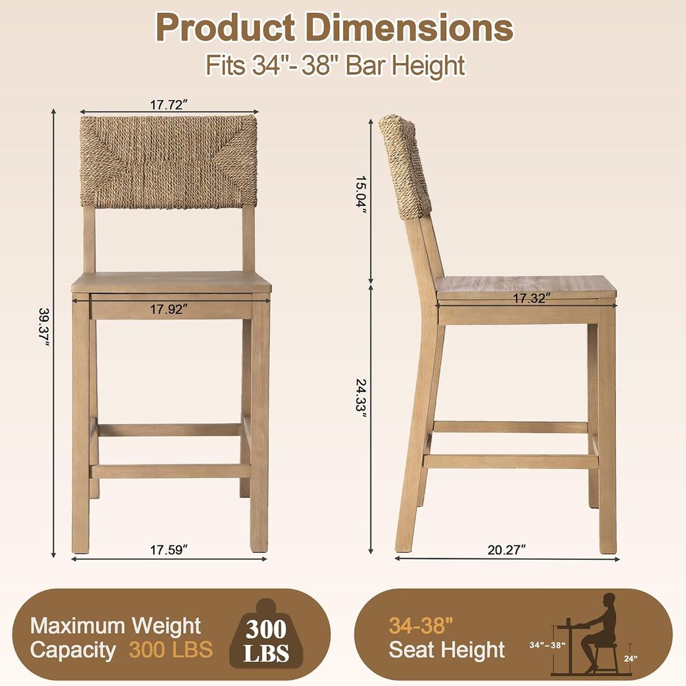 Set of 2 Natural Seagrass Back - đánh giá và giá Home Bar Stools