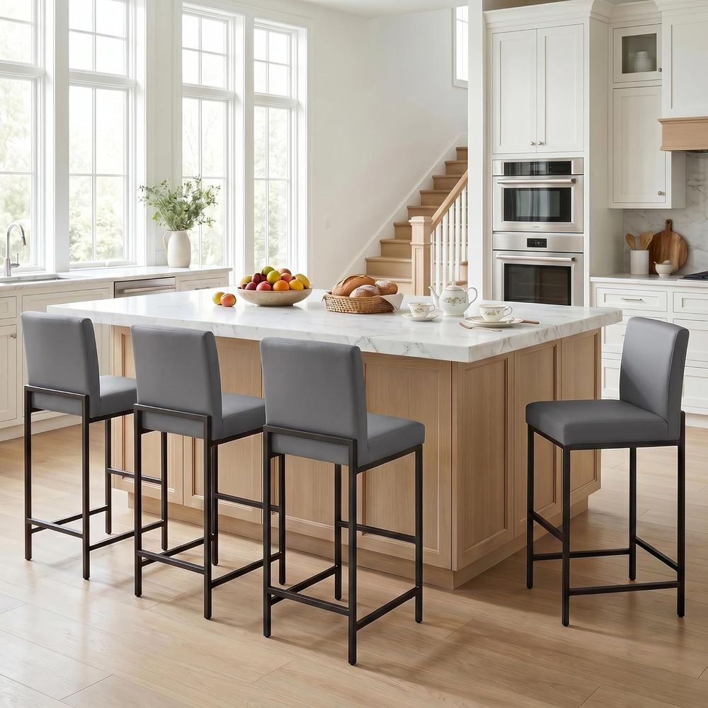 Set of 4 Grey Upholstered Leat - đánh giá và giá Home Bar Stools