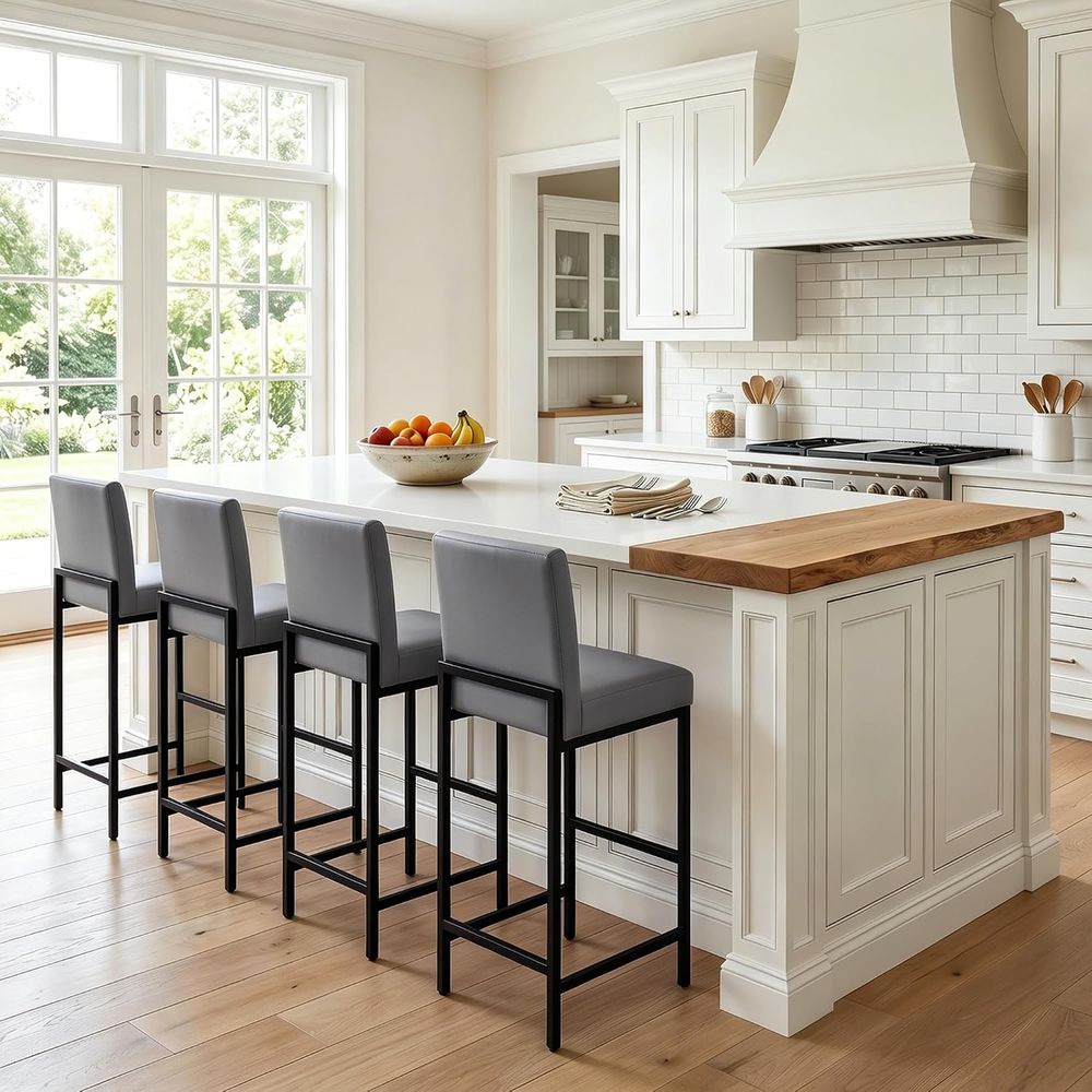 Set of 4 Grey Upholstered Leat - đánh giá và giá Home Bar Stools